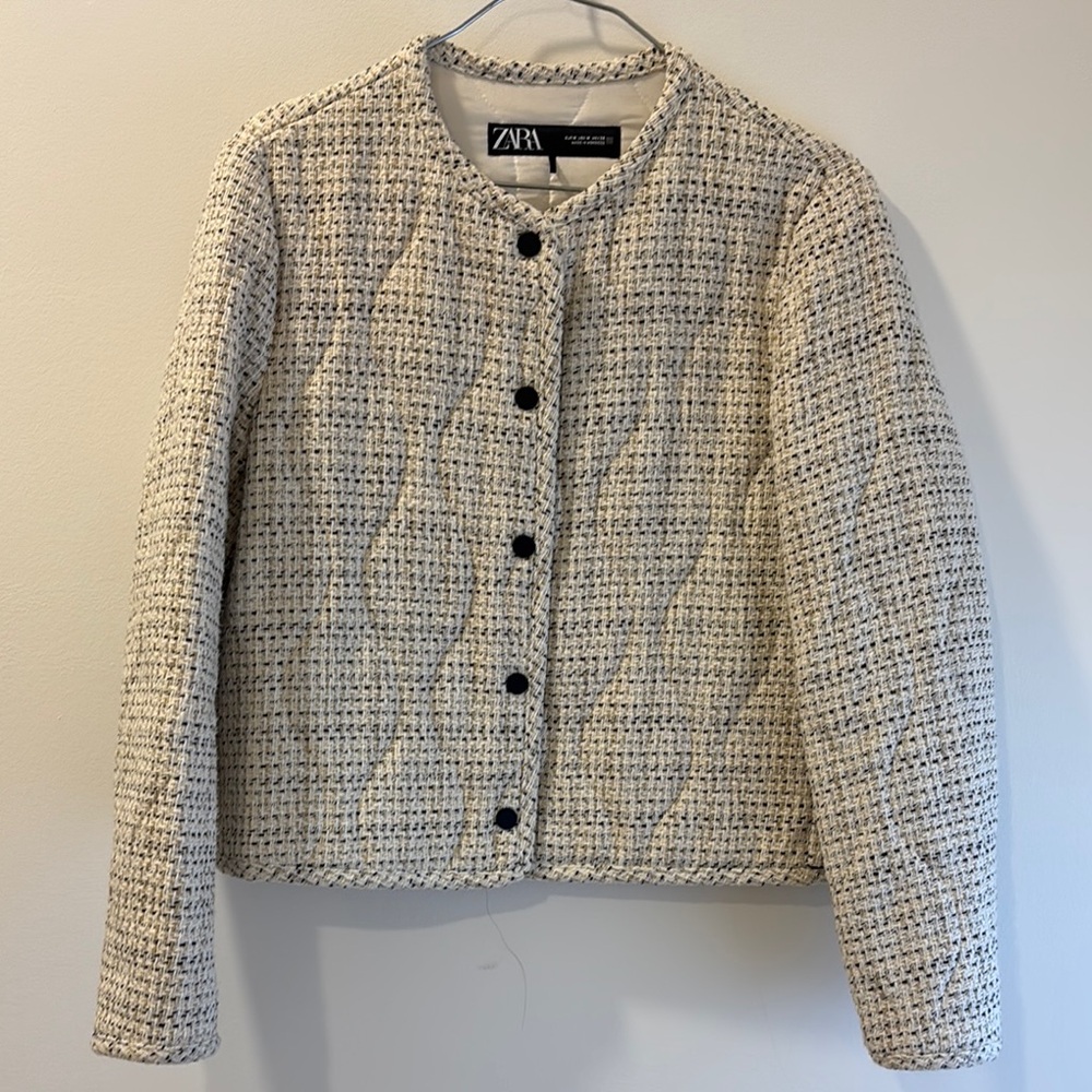 Zara Women's Cream Quilted Tweed Blazer